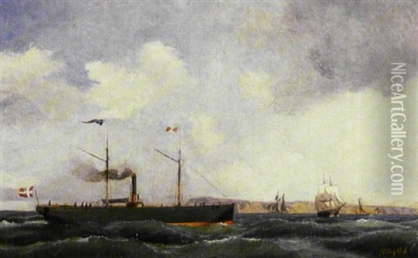 Marine Med Den Danske Damper -randers- Samt Sejlskibe Oil Painting - Carl Julius Emil Olsen