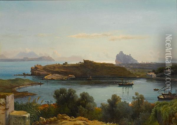 A View Of The Gulf Of Naples At Ischia Witharagonesi Castle In The Background Oil Painting - Ludwig H. Theodor Gurlitt
