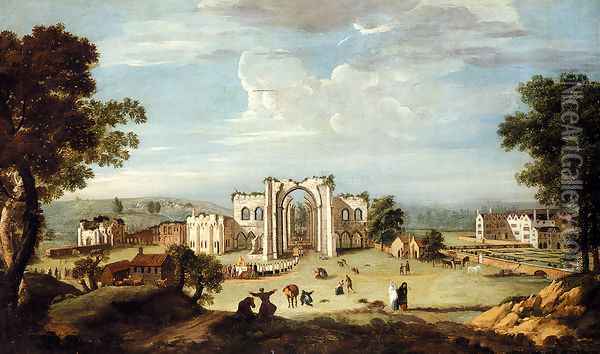 A Church Procession Entering Furness Abbey Oil Painting - Thomas Smith of Derby