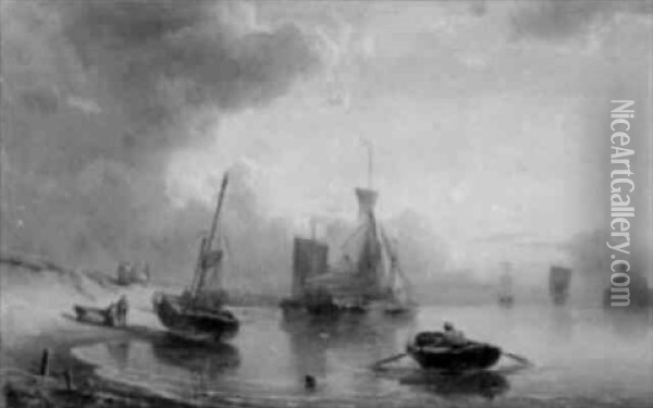 Coastal Scene With Shipping Oil Painting - Franz Johann (Wilhelm) Huenten