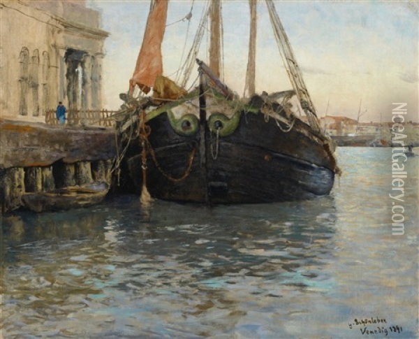 Schiff Im Hafen Vor Venedig Oil Painting - Gustav Schoenleber