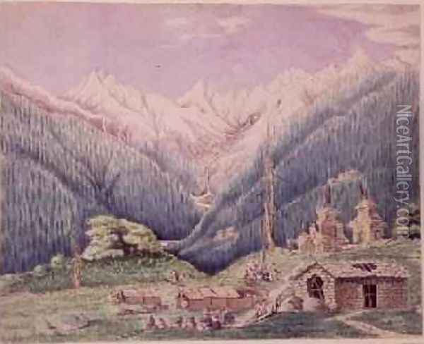 The Trisuli River at its Source in the Lakes of Gosainkund sketched from the Tibetan village of Dimchali 1860 Oil Painting - Dr. H.A. Oldfield