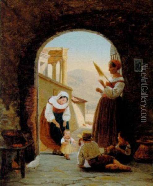 Italiensk Familieliv, Den Lille Laerer At Ga Oil Painting - Julius Friedlaender