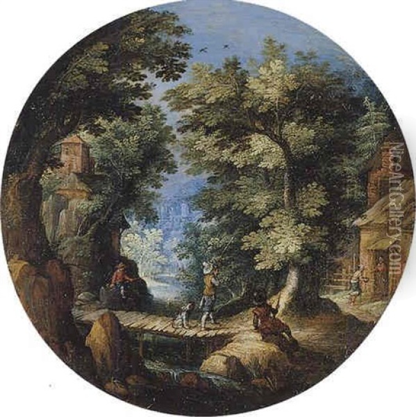 A Wooded Landscape With A Huntsman Shooting On A Bridge, A Cottage Nearby Oil Painting - Jacques Van Der Wyhen