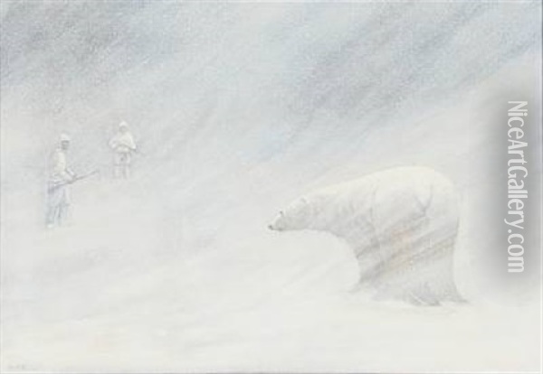 Snow Storm On Greenland With An Icebear And Two Inuits Oil Painting - Emanuel A. Petersen