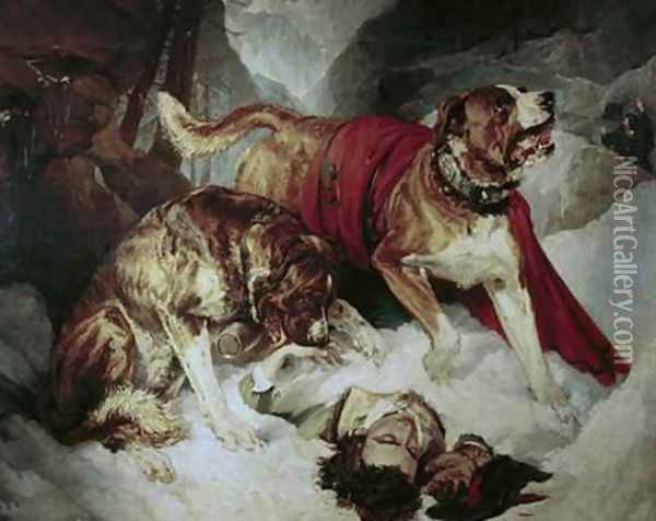 Alpine Mastiffs Reanimating a Distressed Traveller Oil Painting - Sir Edwin Henry Landseer