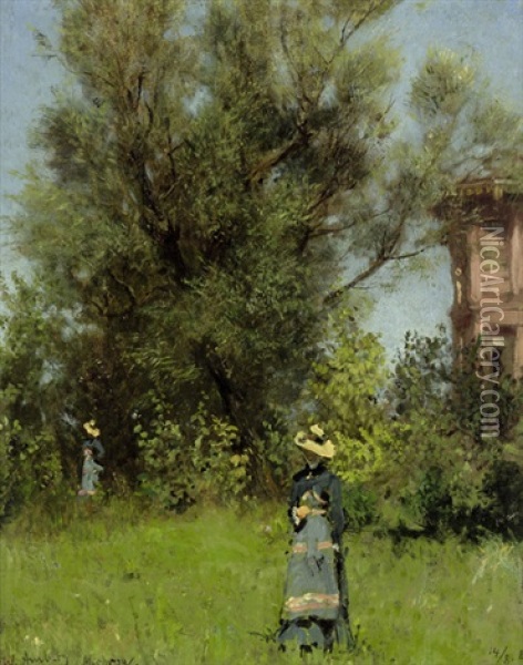 Zwei Frauen In Einem Sommerlichen Garten In Misdroy Oil Painting - Wilhelm August Lebrecht Amberg