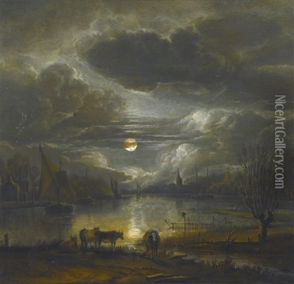 A Wide River Landscape By Moonlight With Four Cows Oil Painting - Aert van der Neer