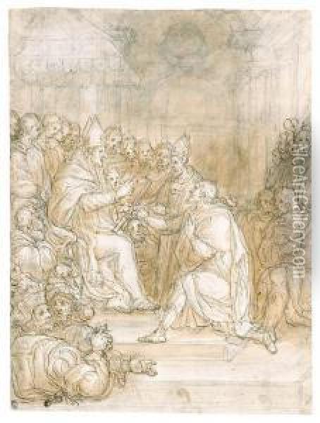 Passignano
A Pope Presenting A Marshal's Baton To A Kneeling Figure In Frontof An Assistant
Black Chalk Oil Painting - Domenico Cresti Il Passignano