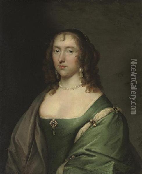 Portrait Of Lady Lucy Pelham 
(d.1685), Half-length, In A Blue Dress With Pearl Ornaments, And A Grey 
Wrap Oil Painting - Cornelius Jonson