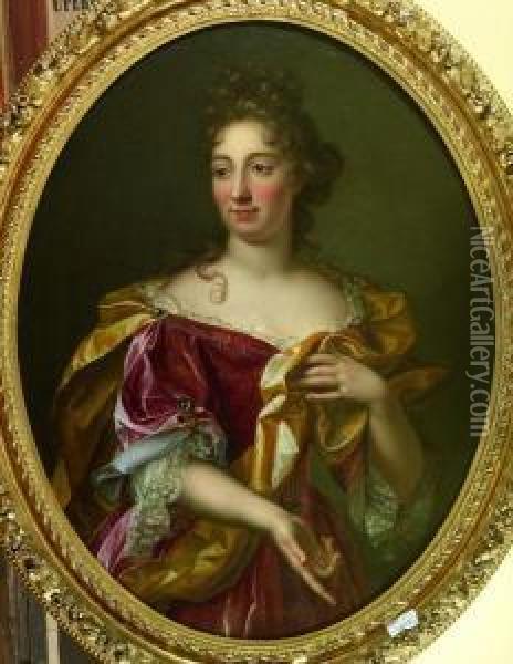Portrait De Femme A La Robe Rouge 
Toile Ovale Oil Painting - Gabriel Revel