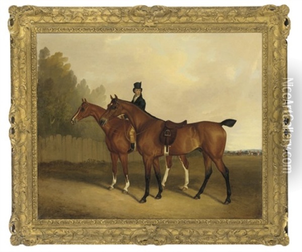 A Groom With Two Hunters Oil Painting - David (of York) Dalby