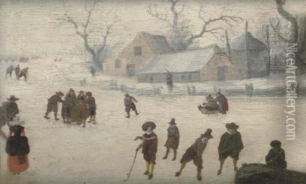 A Winter Landscape With Figures Skating And Playing Kolf On A Frozen River Oil Painting - Adam van Breen