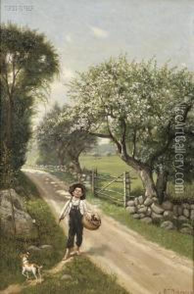 Fisherboy On A Country Path In Spring Oil Painting - William T. Robinson
