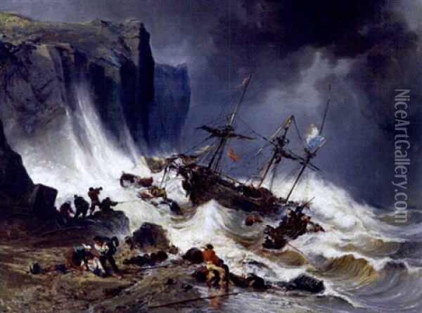 Shipwreck Off A Stormy Coast Oil Painting - Jules Achille Noel