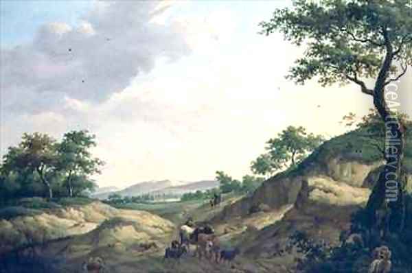A wooded landscape with herdsmen and animals on a rock Oil Painting - Dionys van Dongen