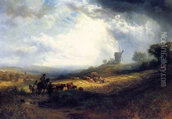 Travellers on a Path in an Extensiive Landscape Oil Painting - Samuel Prout