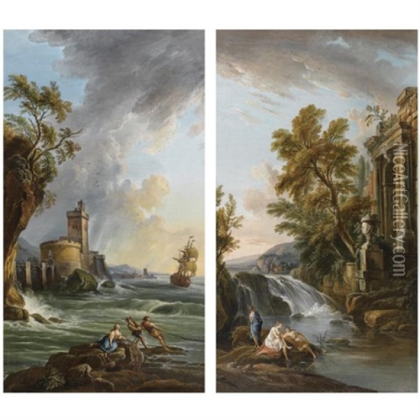 A Rocky Coastal Landscape With Fishermen Pulling In Their Nets (+ Bathers On The Rocks Beneath A Waterfall And An Ancient Roman Ruin; Pair) Oil Painting - Jean Baptiste Lallemand