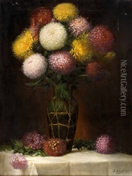 Chrysanthemen In Gruner Vase Oil Painting - Flores Scheel