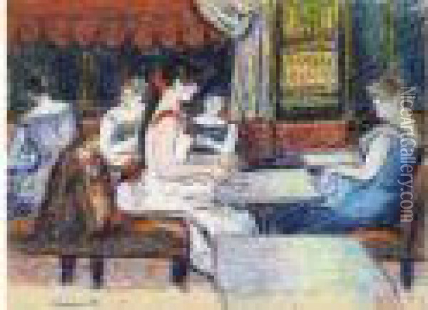 Femmes Attablees Le Soir (1888) Oil Painting - Georges Lemmen