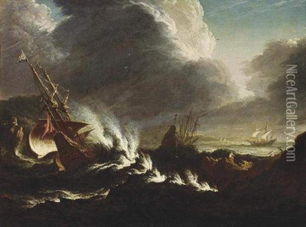Shipping In Stormy Waters Oil Painting - Antonio Maria Marini