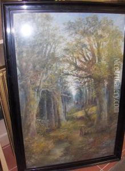Figures By A Stream In A Forest, Signed Oil On Board Oil Painting - James Wallace