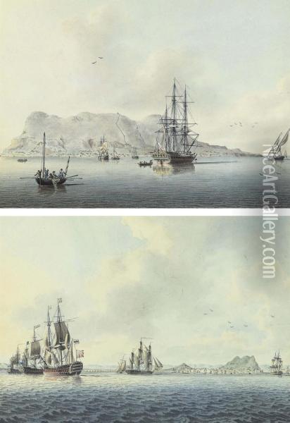 A Royal Navy Frigate Anchored Off Gibraltar Oil Painting - John the Younger Cleveley