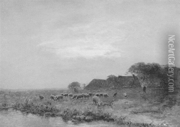 Schafer Mit Herde In Abendlandschaft Oil Painting - Fedor Van Kregten