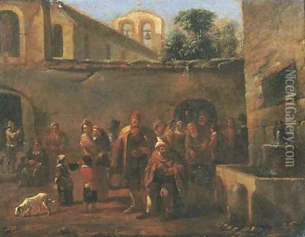 The courtyard of a monastery with monks feeding the poor by a fountain Oil Painting - Jan Miel