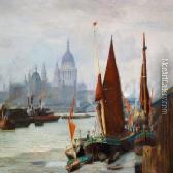 View Of The Thames In London With St. Paul's Cathedral Oil Painting - Vilhelm Karl Ferd. Arnesen