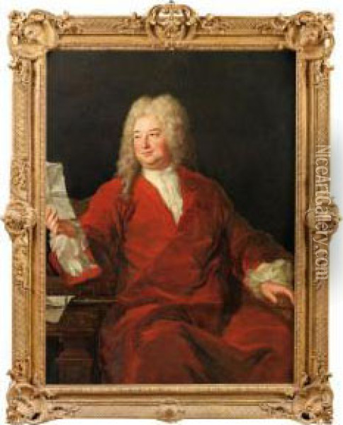 Portrait D'homme Assis En Manteau Rouge Tenant Une Lettre Oil Painting - Alexis Simon Belle