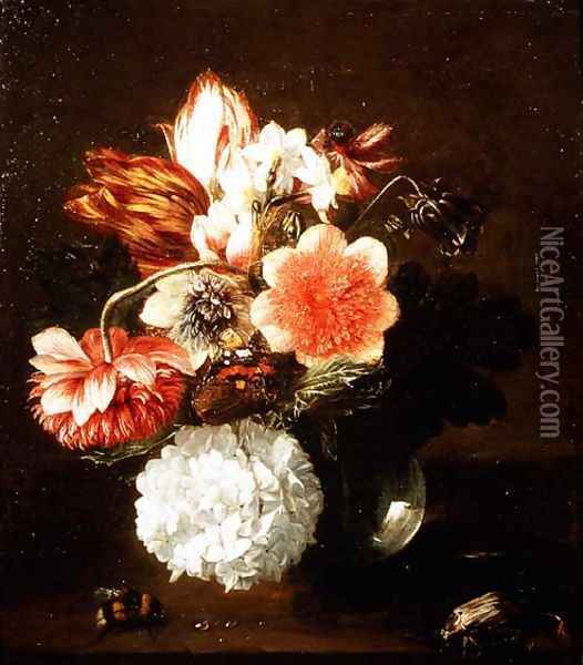 Glass Vase of Flowers with a Butterfly and a Bumble Bee Oil Painting - Pieter Snyers