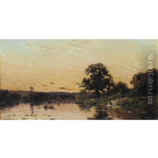 Sunset River Landscapes (pair) Oil Painting - Hippolyte Camille Delpy