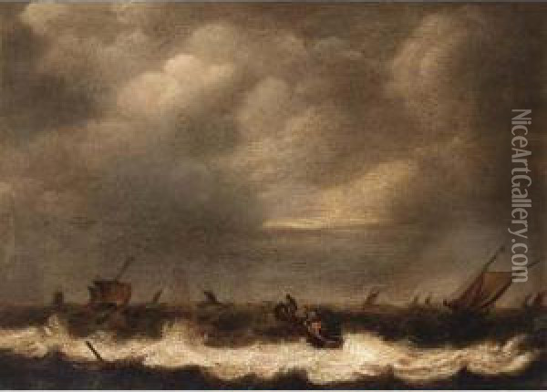 Several Ships In Stormy Seas And A Rowing Boat In The Centre Oil Painting - Jan Porcellis