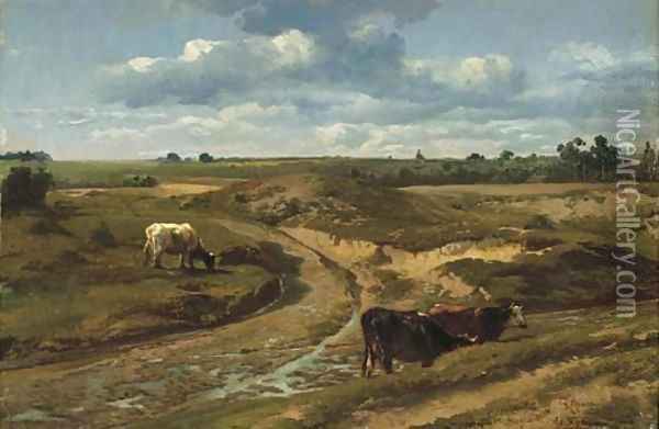 Cattle grazing by a sandy track in summer near Genck Oil Painting - Francois Roffiaen