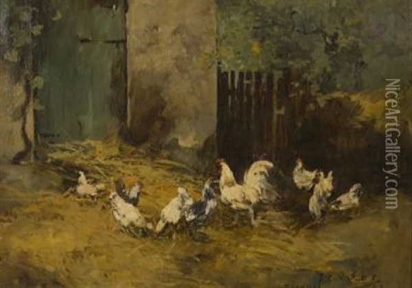 Farmyard With Chickens Oil Painting - Frederick Charles Vipont Ede