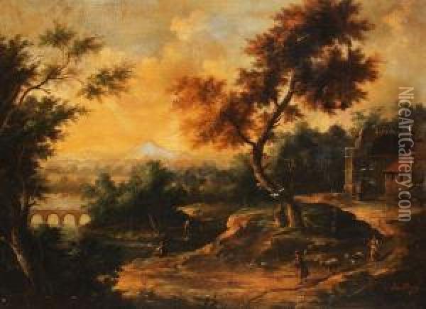 Figures Andgoats In An Extensive Landscape Oil Painting - Jean Antoine Vernet