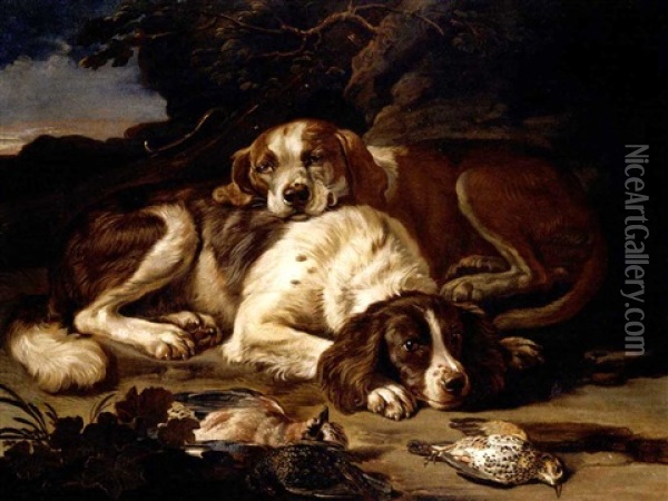 Still Life With Two Spaniels, Together With Nightingales, A Jay, And A Musket, In A Landscape Oil Painting - David de Coninck