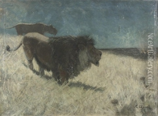 Abendliche Steppenlandschaft Mit Lowen Oil Painting - Carl Heinrich Wilhelm Appel