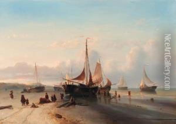 Moored Fishing Fleet On The Beach Of Scheveningen Oil Painting - Mauritz Verveer