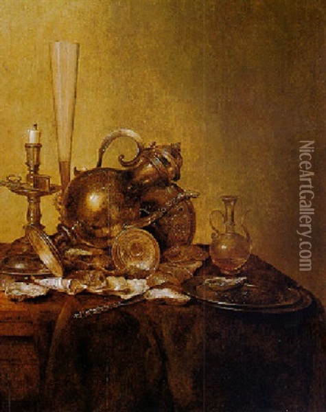 Still Life With A Silver Ewer, A Flute Glass And Other Objects Upon A Table Partly Draped With A Dark Green Cloth Oil Painting - Willem Claesz Heda