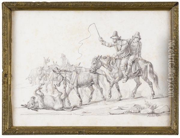 Contadini A Cavallo Con Asini Nella Campagna Romana Oil Painting - Dietrich Wilhelm Lindau