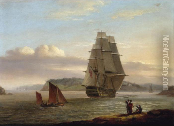 A British Man-of-war Being Towed Down An Estuary Oil Painting - Thomas Luny