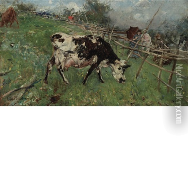 An Afternoon Stroll Along A Pasture And City Study : A Double-sided Work Oil Painting - Giovanni Boldini