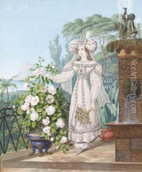 Une Femme Cueillant Une Rose Sur Une Terrasse Donnant Sur Lamer Oil Painting - Franz Xaver Nachtmann