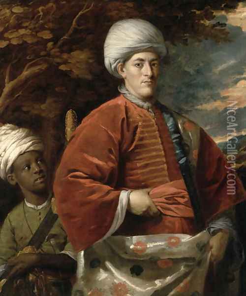 Portrait of a Gentleman in Oriental Dress with an Oriental Pageboy Oil Painting - Benjamin Wilson