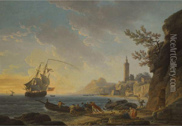 A Coastal Scene With A 
Lighthouse On The Cliffs And Fishermenwith Their Nets In The Foreground Oil Painting - Claude-joseph Vernet