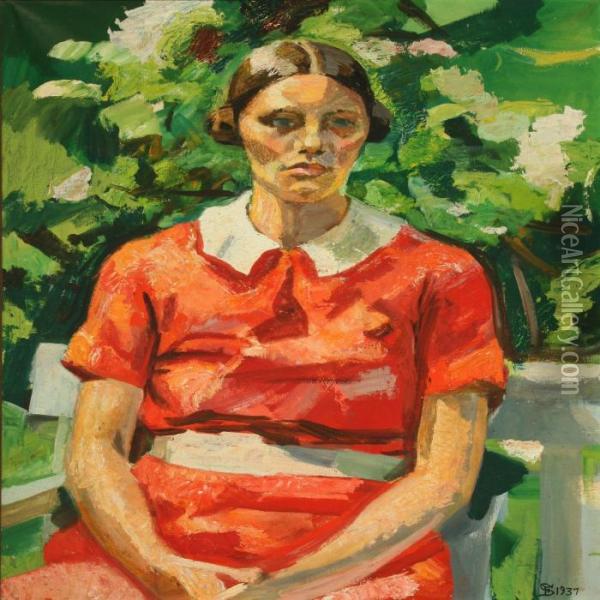 Ung Kvinde I Rodkjole Oil Painting - Fritz Syberg