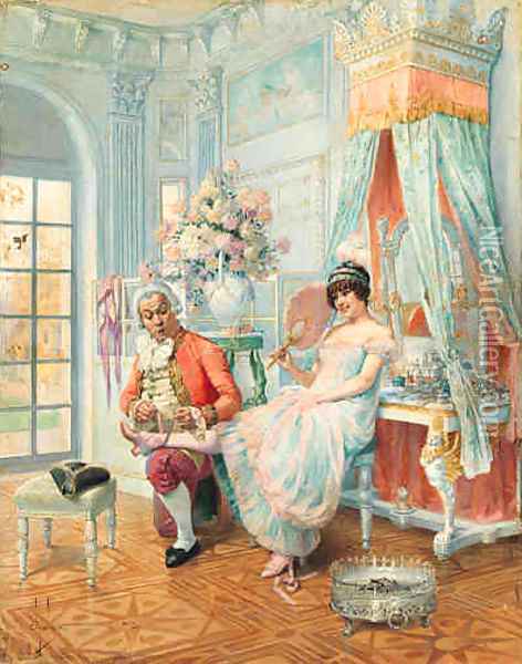 Flirting with the Butler Oil Painting - Louis Chalon