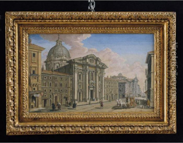 Veduta Di Roma Con Le Chiese Di S. Carlo E S. Ambrogio Al Corso Oil Painting - Giuseppe Vasi